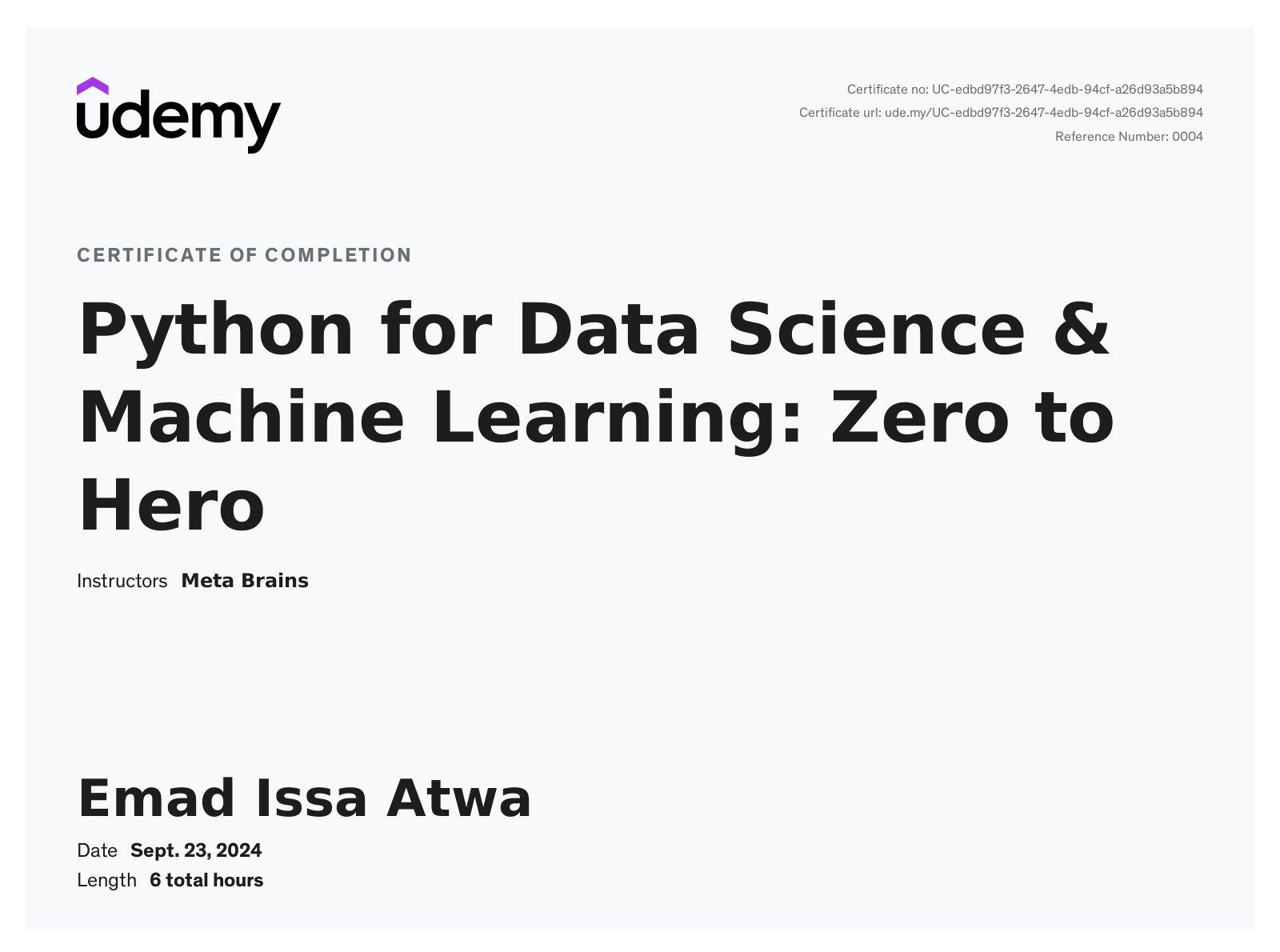 Python for Data Science & Machine Learning. Zero to Hero Certificate